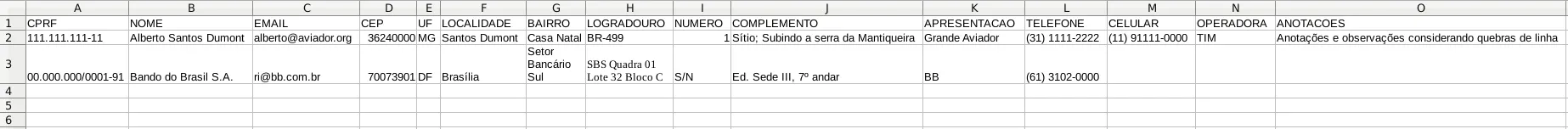 Exemplo de planilha de importação de pagadores