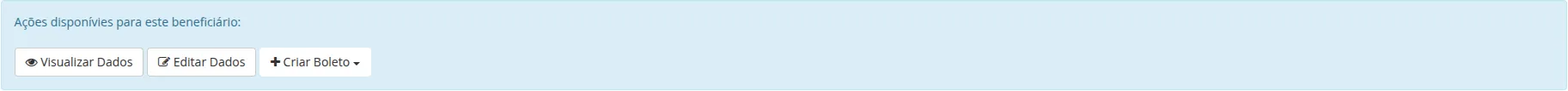 Ações disponíveis após cadastro: Visualizar Dados, Editar Dados, Criar Boleto