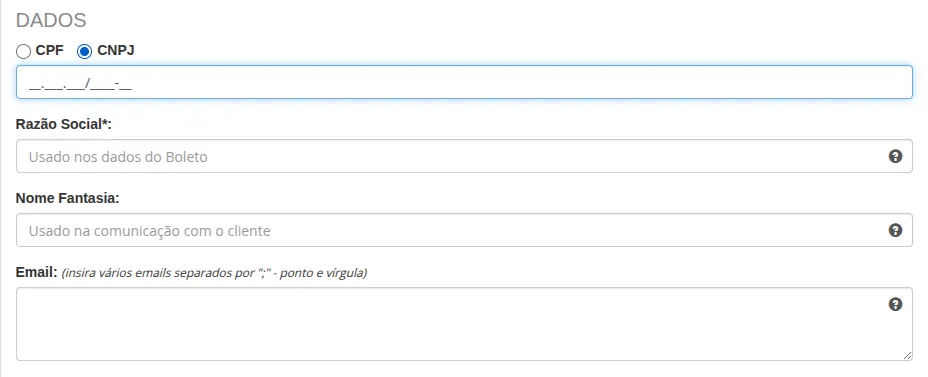 Seção Dados do formulário com CNPJ selecionado