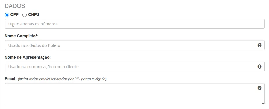 Seção Dados do formulário com CPF selecionado