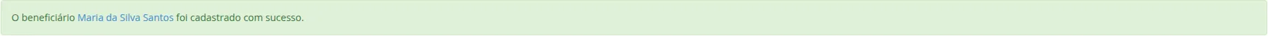 Mensagem de sucesso após cadastro do beneficiário