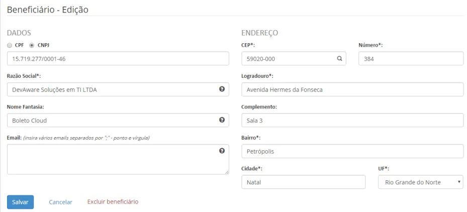 Formulário de cadastro do beneficiário