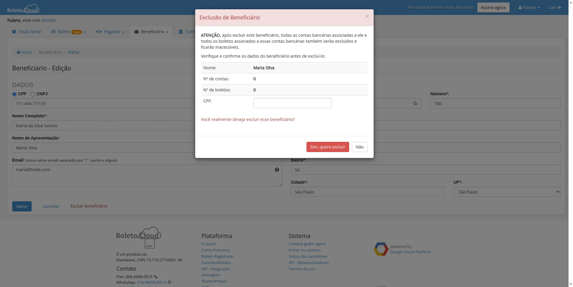 Diálogo de confirmação de exclusão com dados do beneficiário