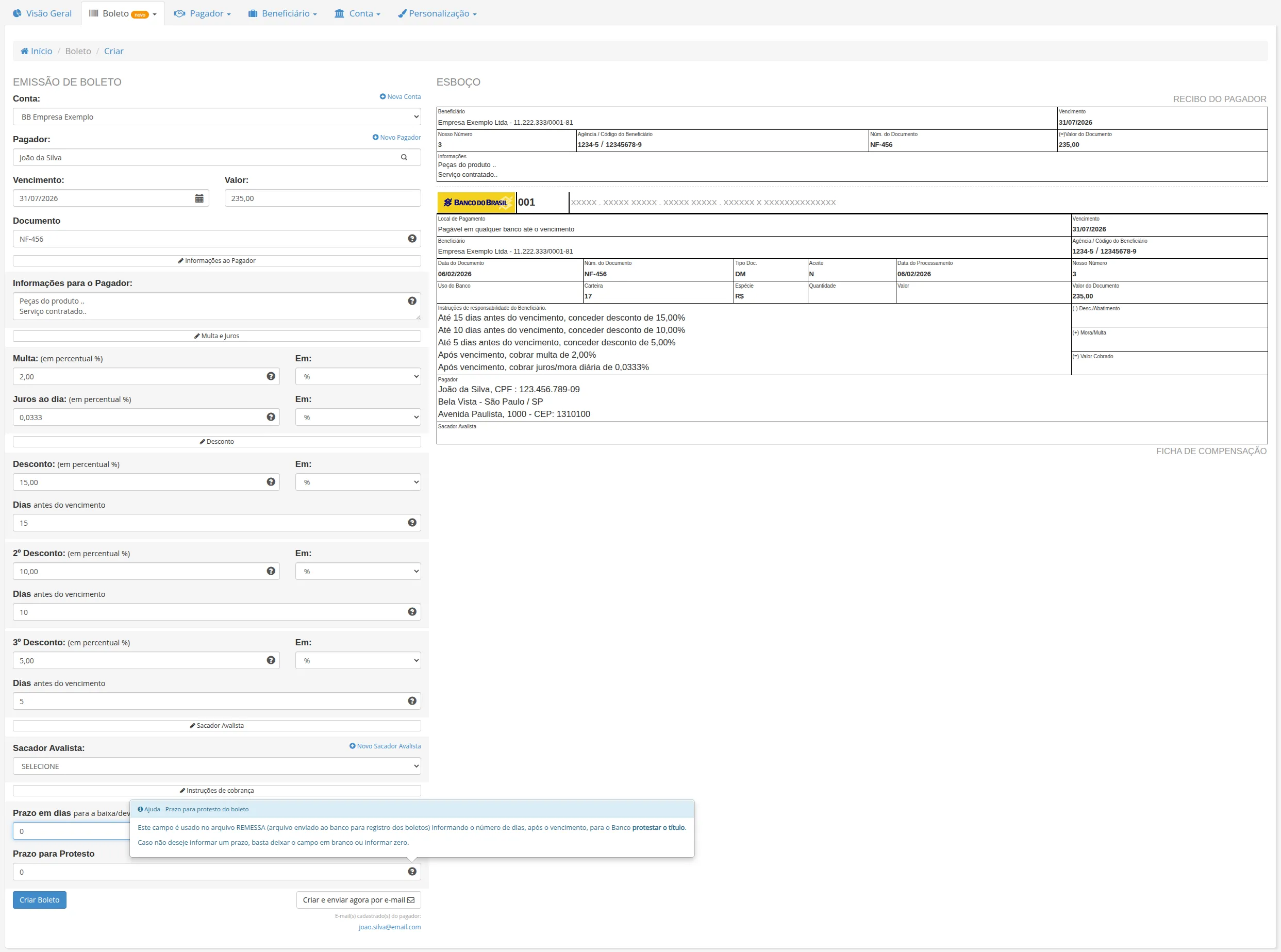 Formulário completo de emissão de boleto com todas as seções expandidas