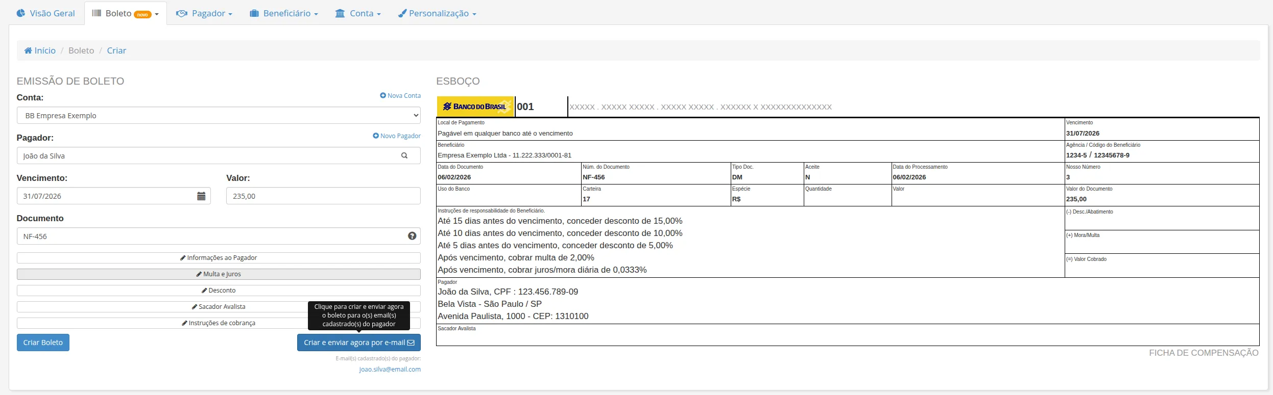 Botão "Criar e enviar agora por e-mail" com tooltip explicativo e e-mail do pagador exibido abaixo