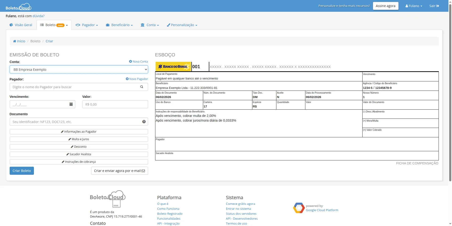 Formulário de emissão de boleto com campos básicos e esboço do boleto à direita