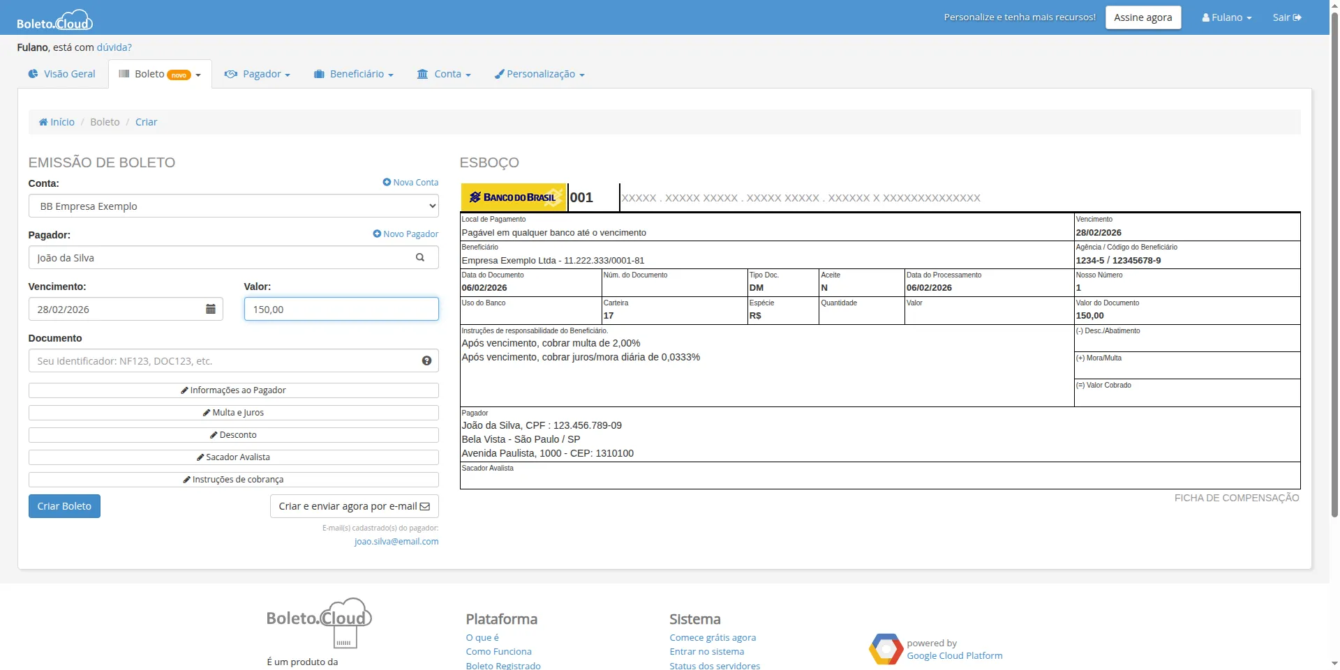 Formulário preenchido com conta BB Empresa Exemplo, pagador João da Silva, vencimento 28/02/2026 e valor R$ 150,00