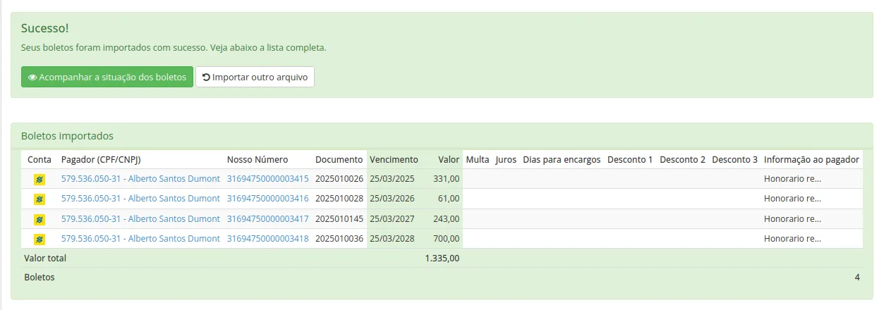 Boletos importados com sucesso