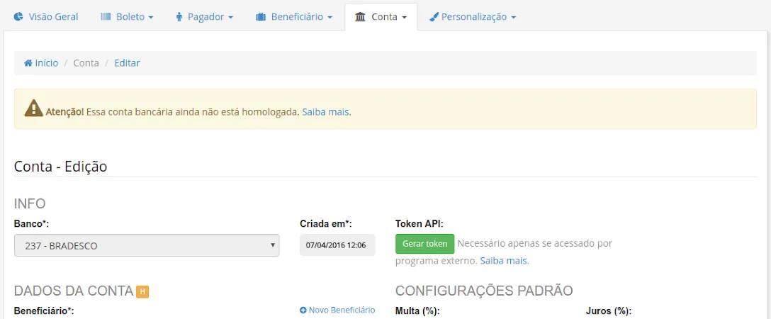 Tela de geração do Token API