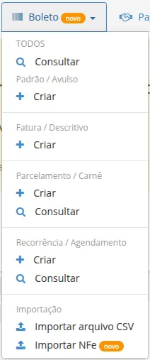 Submenu Boleto expandido com opções Padrão/Avulso, Fatura, Parcelamento, Recorrência e Importação