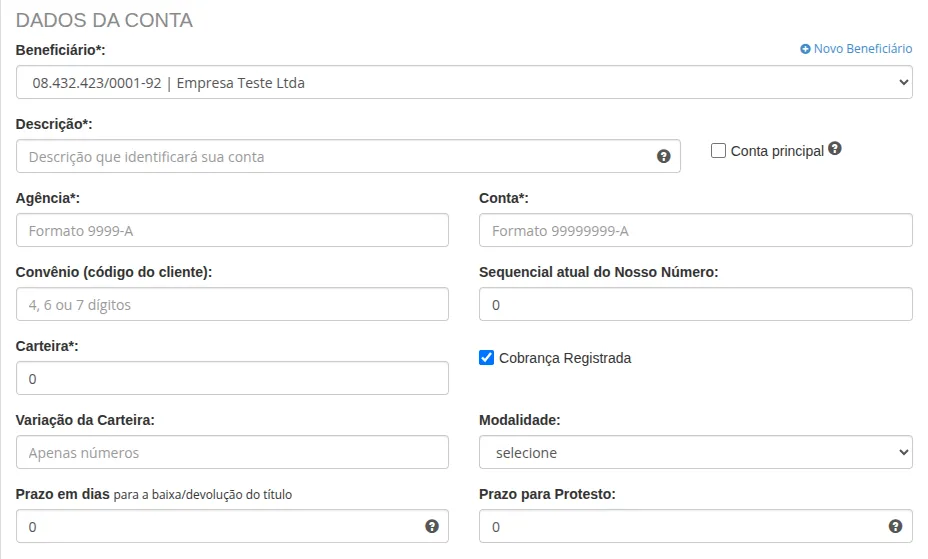 Formulário BB - Dados da conta