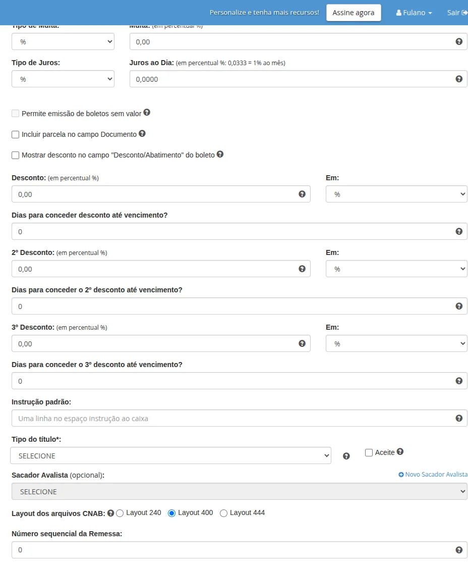 Campos do formulário - Configurações padrão