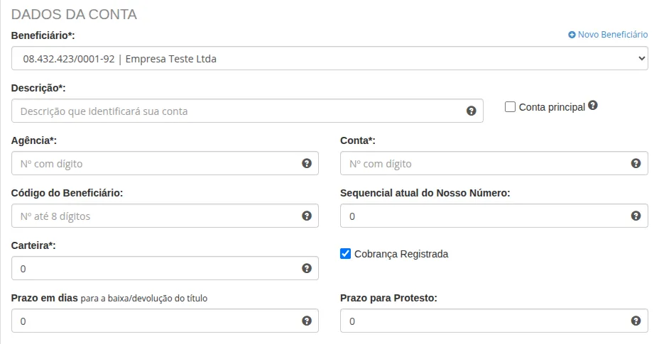 Campos do formulário - Dados da conta (Bradesco)