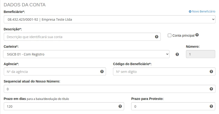Formulário Caixa - Dados da conta
