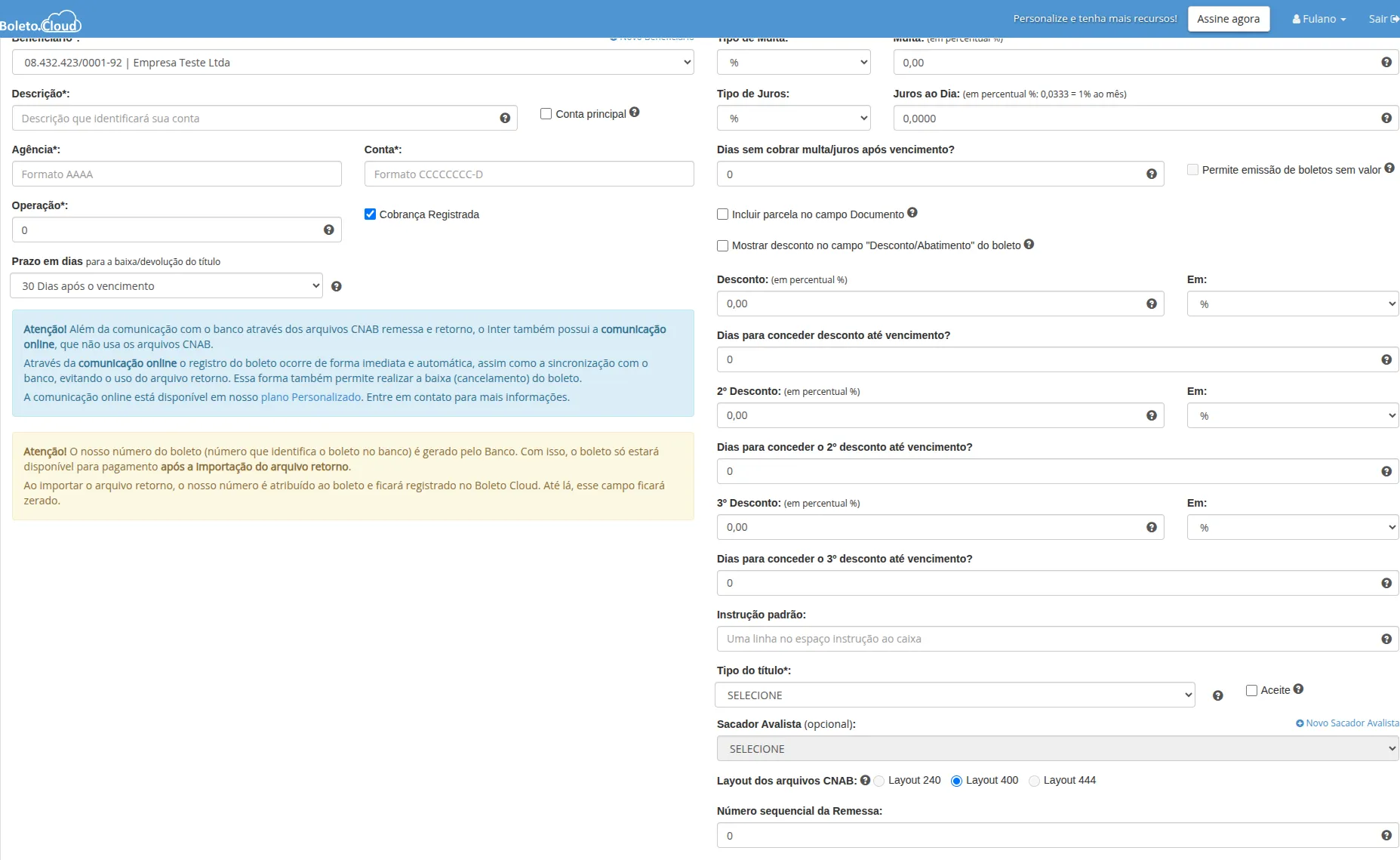 Formulário Inter - Dados da conta