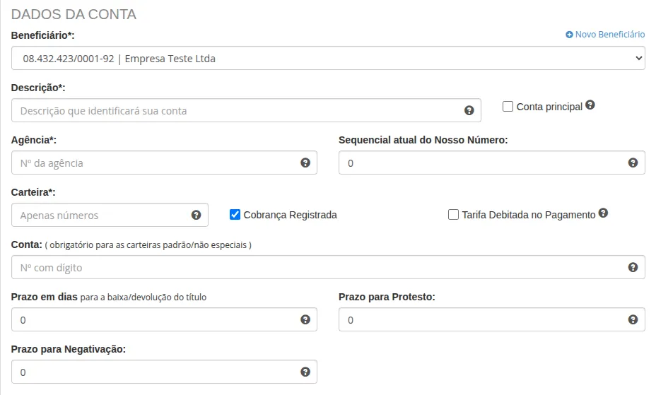 Formulário Itaú - Dados da conta