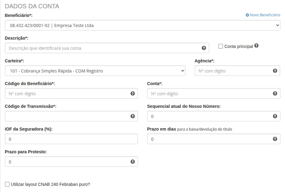 Formulário Santander - Dados da conta