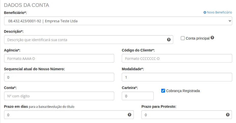 Formulário Sicoob - Dados da conta