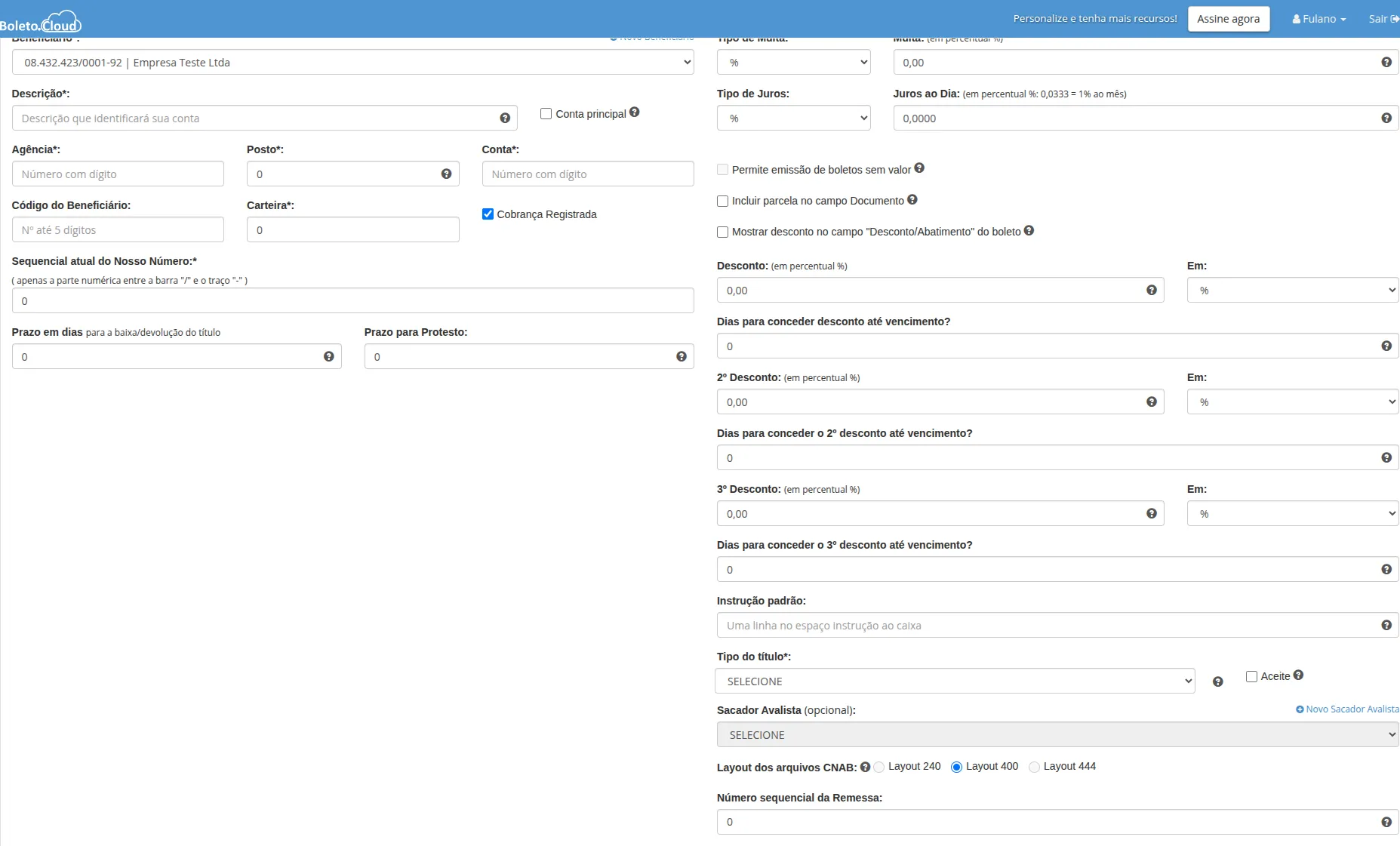 Formulário Sicredi - Dados da conta