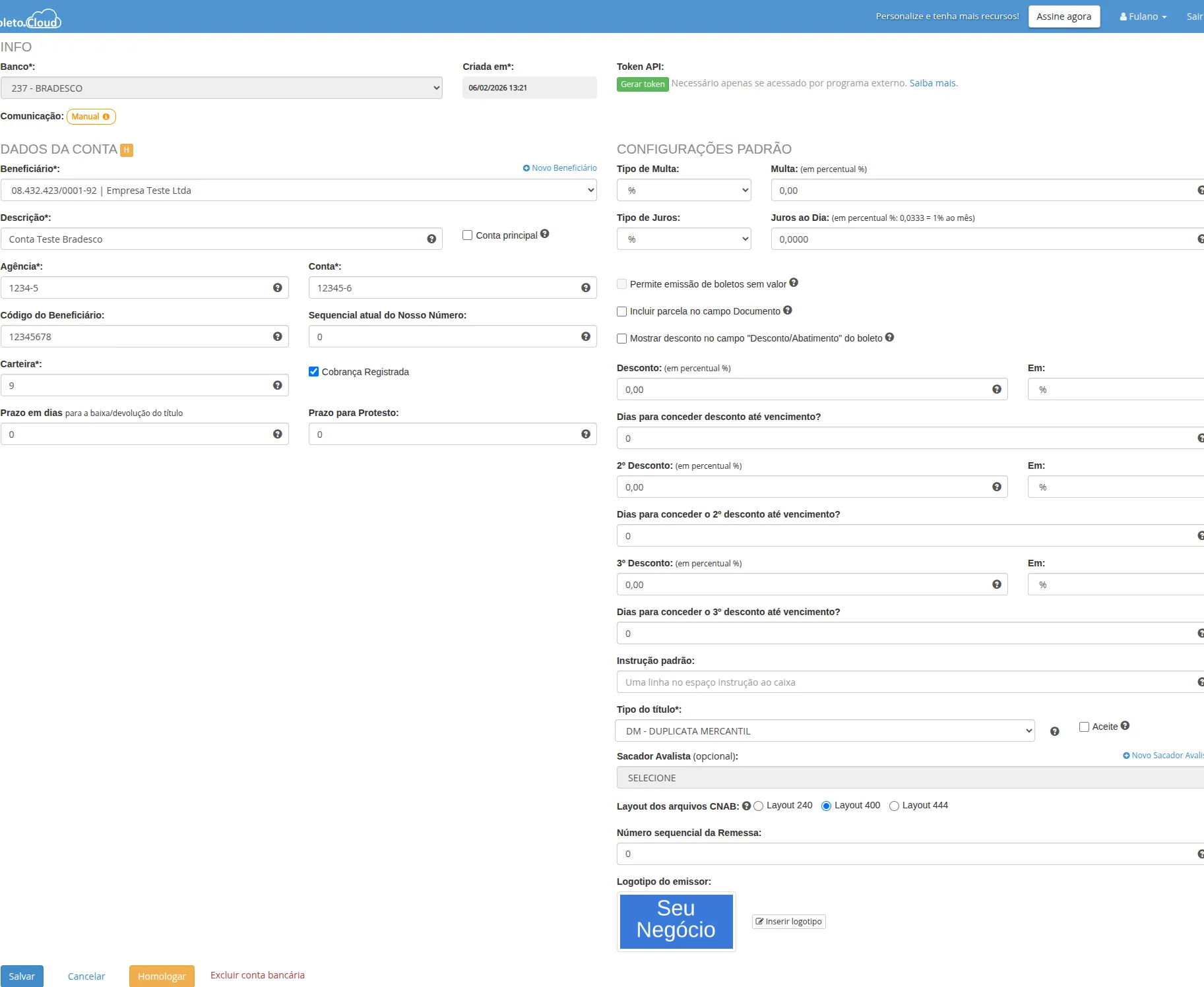 Formulário de edição da conta bancária