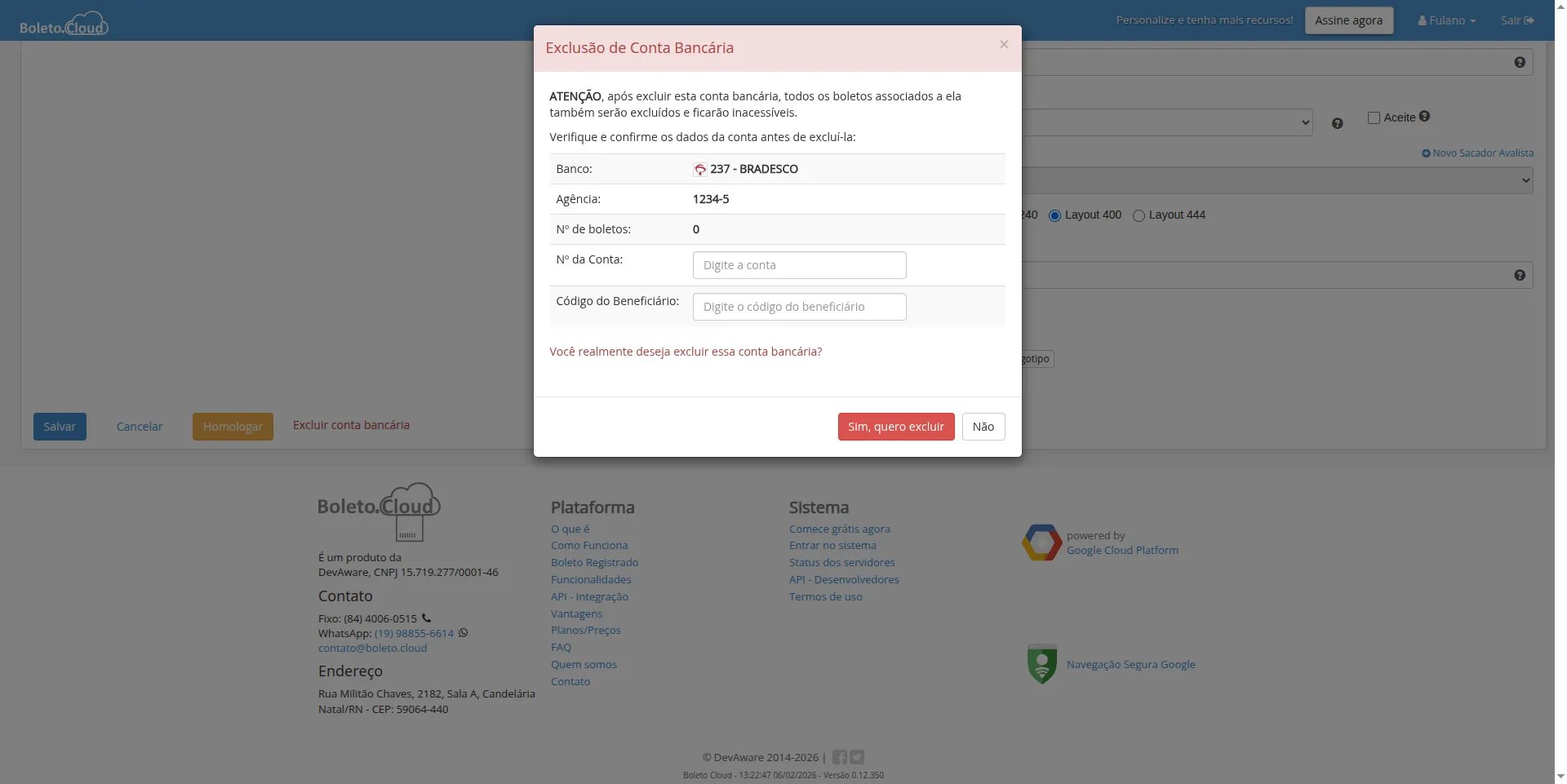 Diálogo de confirmação de exclusão