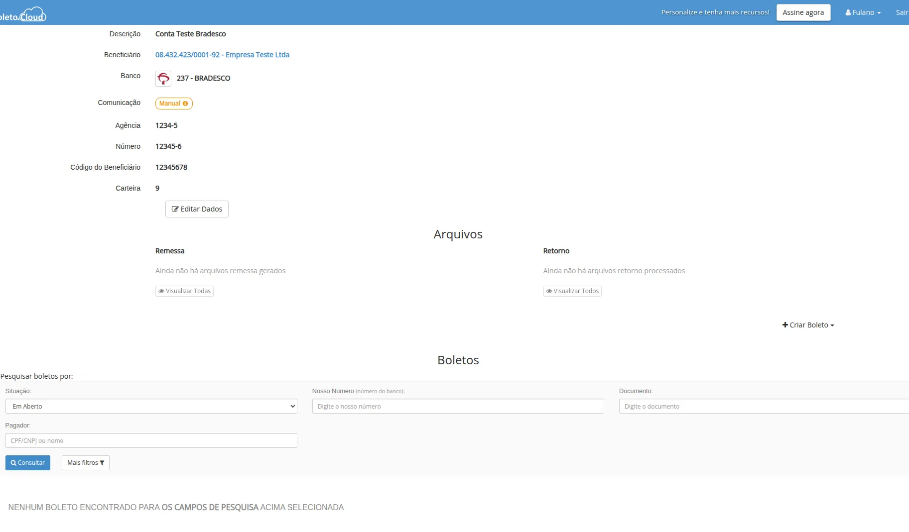 Visualização da conta bancária