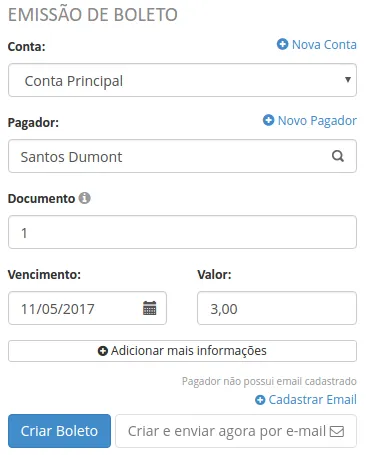 Formulário de criação do boleto