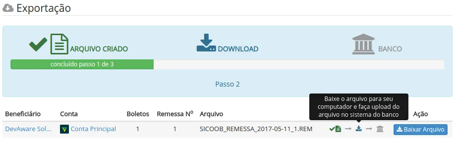 Arquivo de remessa criado e pronto para download
