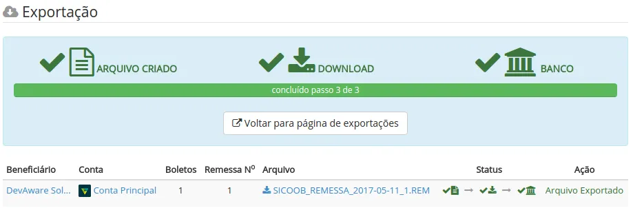 Arquivo de remessa exportado e entregue ao banco