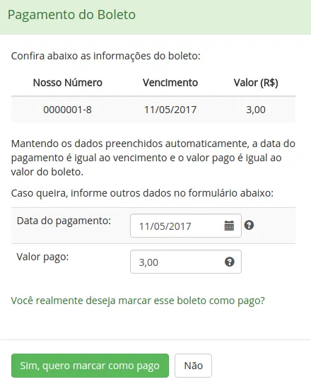Confirmação de marcação como pago