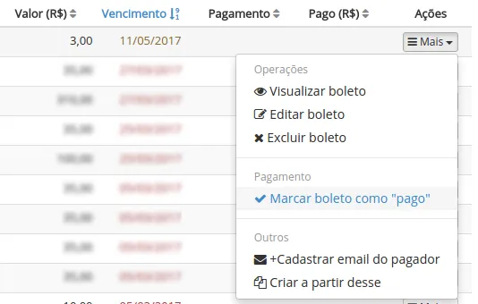 Opção de marcar como pago