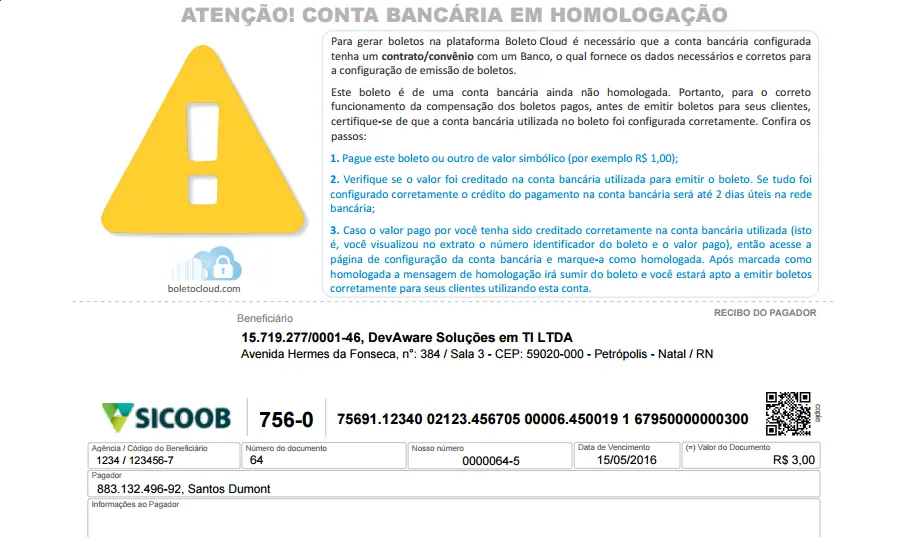 Aviso no boleto de conta não homologada