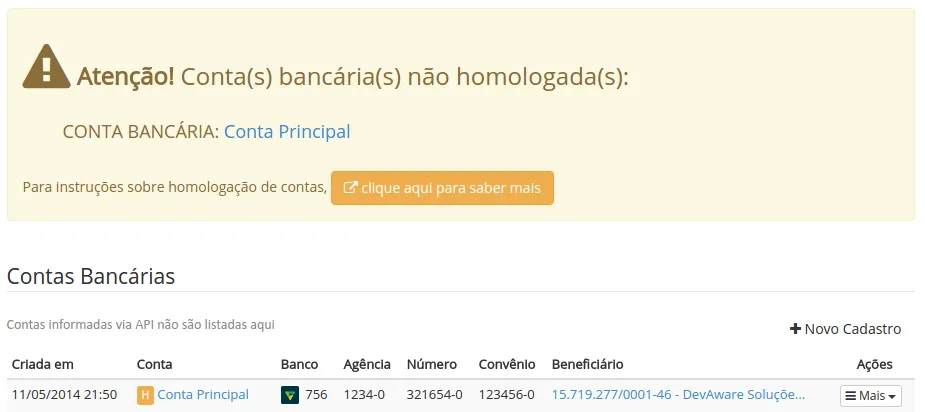 Lista de contas com indicador de homologação