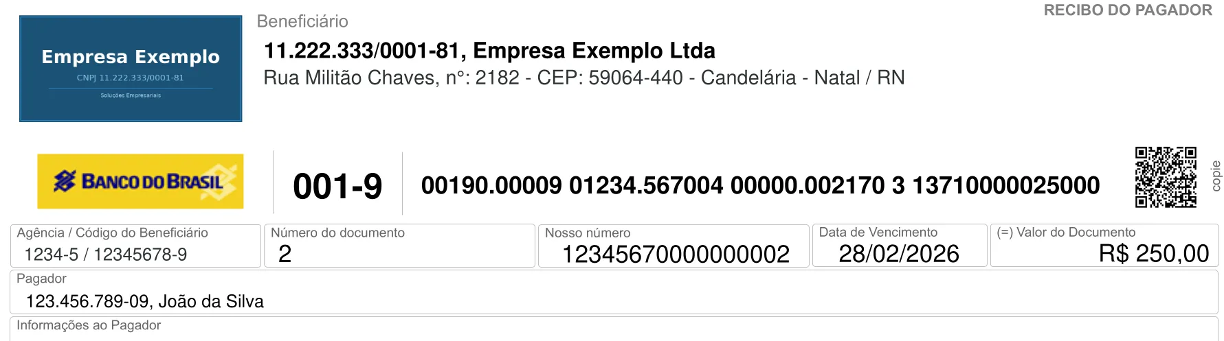 Boleto bancário com o logo da Empresa Exemplo no cabeçalho, ao lado dos dados do beneficiário e CNPJ