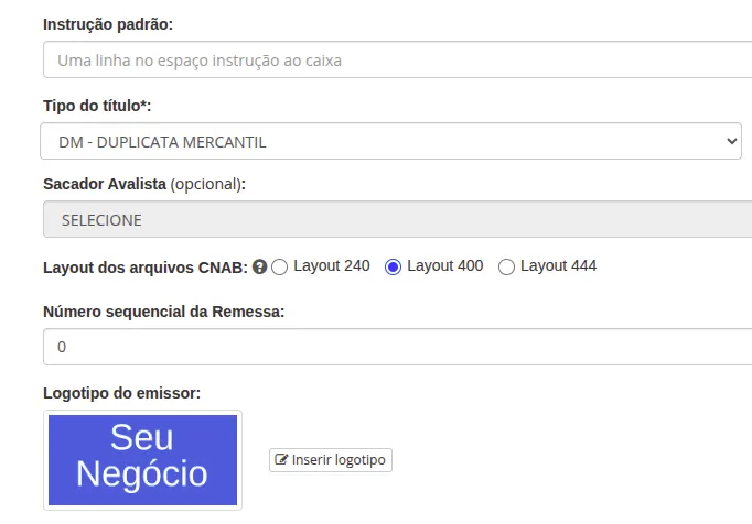 Seção "Logotipo do emissor" no final do formulário de edição da conta bancária
