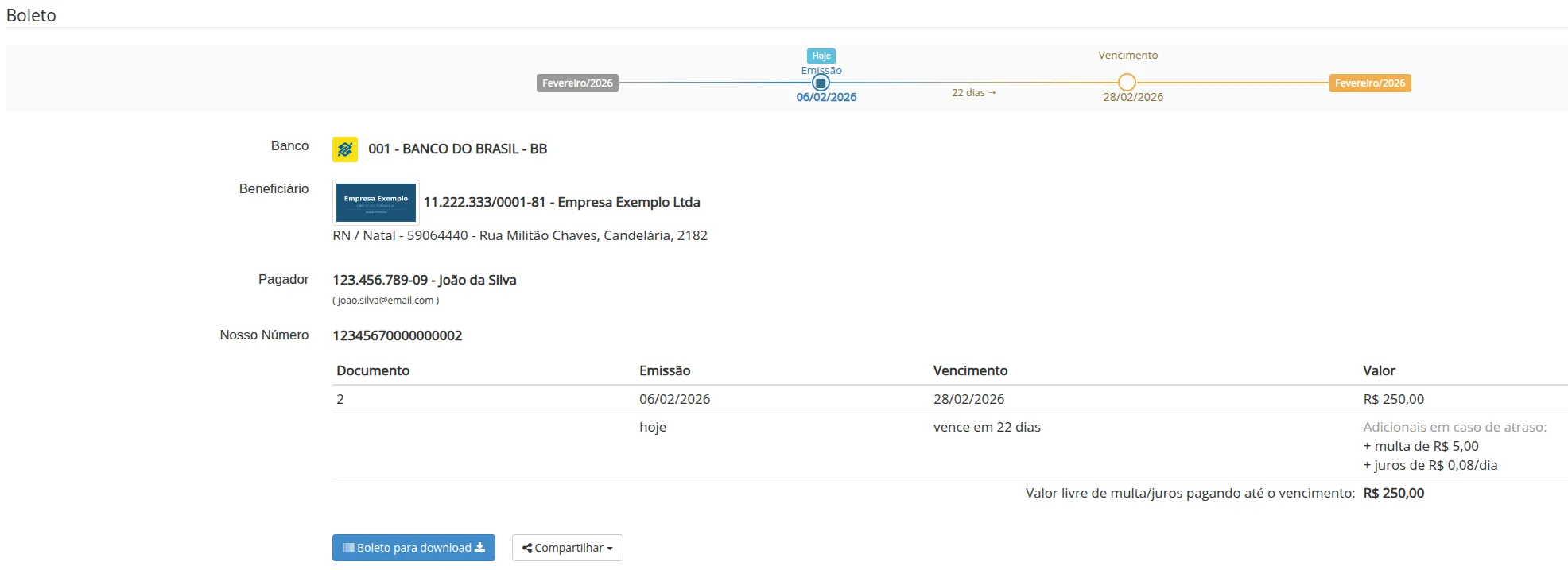 Página de 2ª via do boleto mostrando o logo da Empresa Exemplo ao lado dos dados do beneficiário