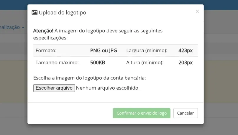Dialog de upload do logotipo com tabela de especificações e botão para escolher arquivo