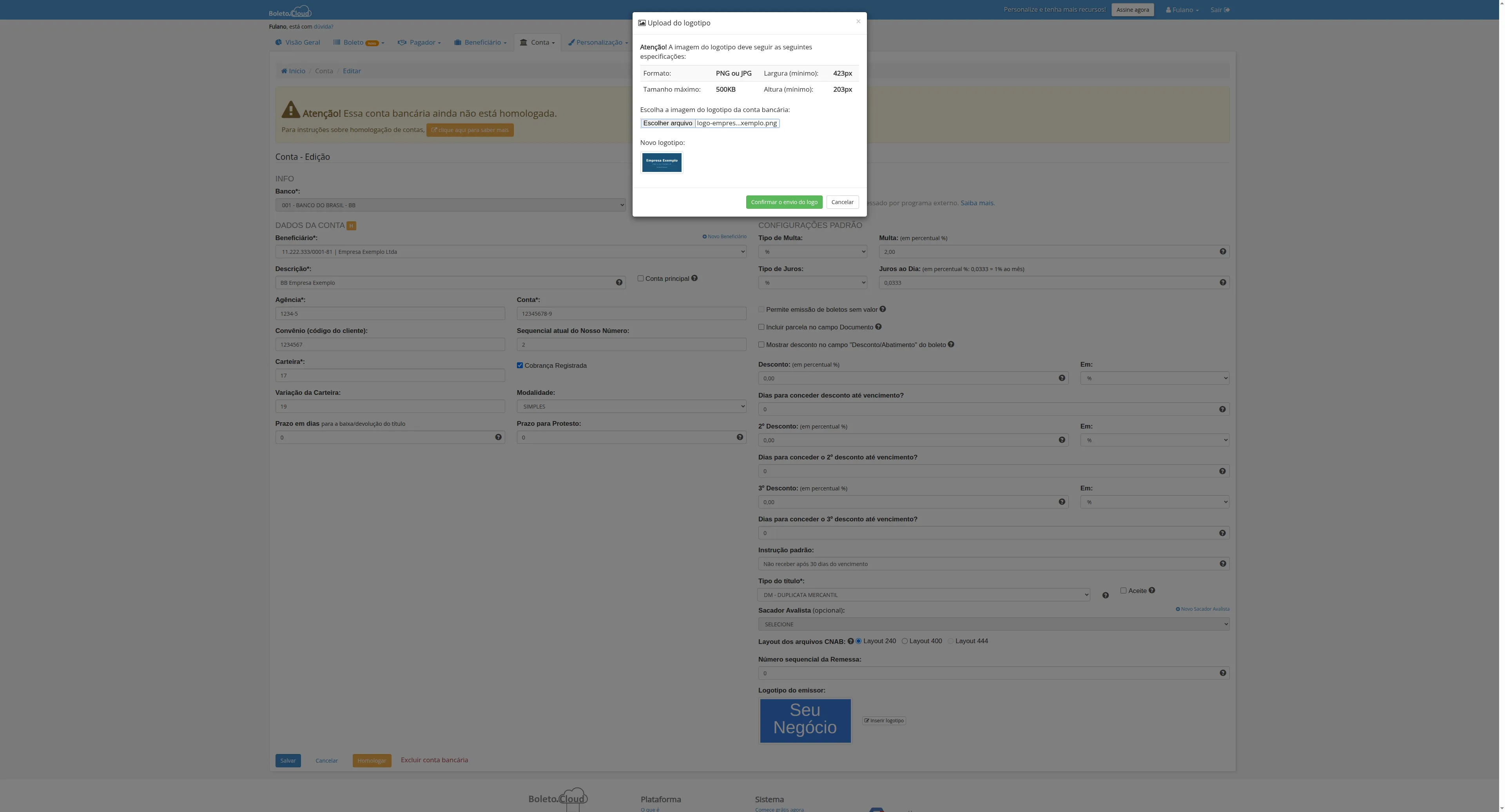 Dialog de upload com pré-visualização do novo logotipo selecionado
