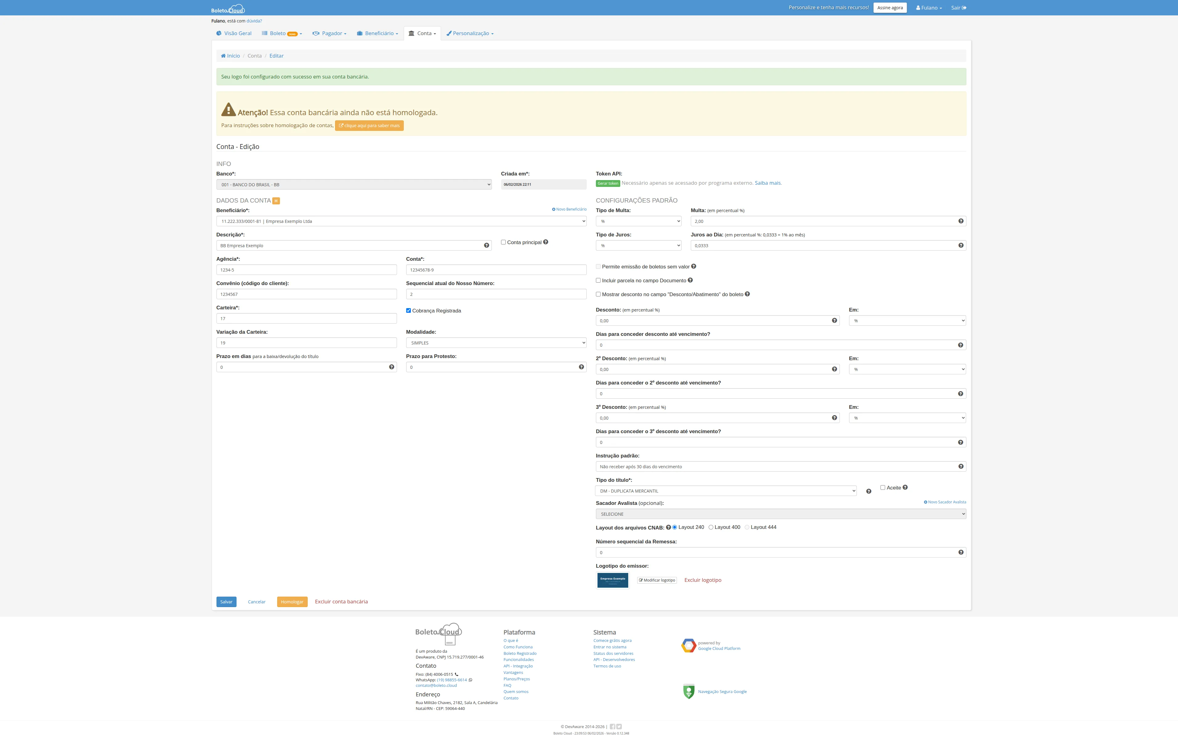 Mensagem de sucesso após envio do logo, com botões Modificar e Excluir logotipo