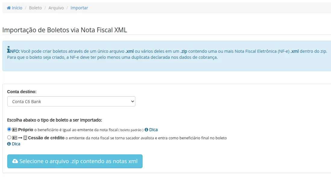 Tela de configuração da importação