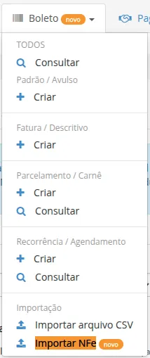 Menu de importação de NFe