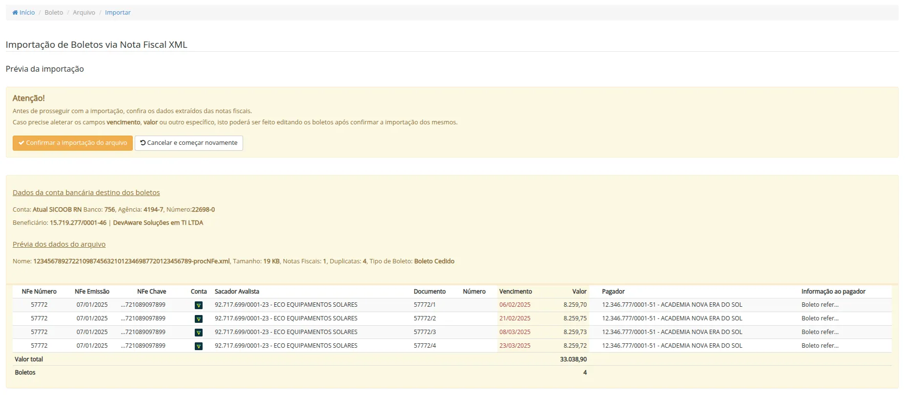 Prévia da importação de NFe