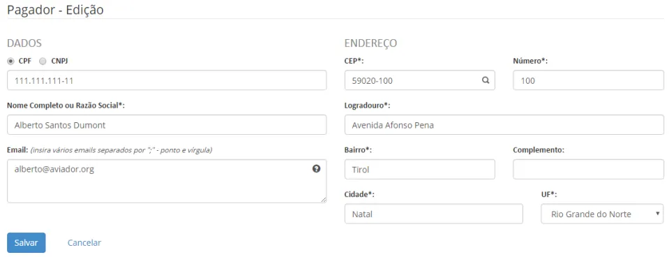 Formulário de cadastro do pagador
