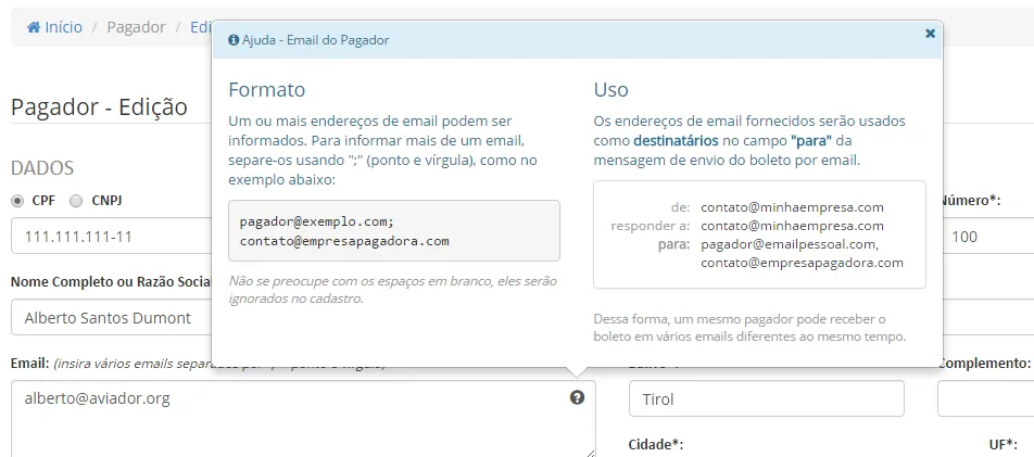 Exemplo de ajuda contextual no campo