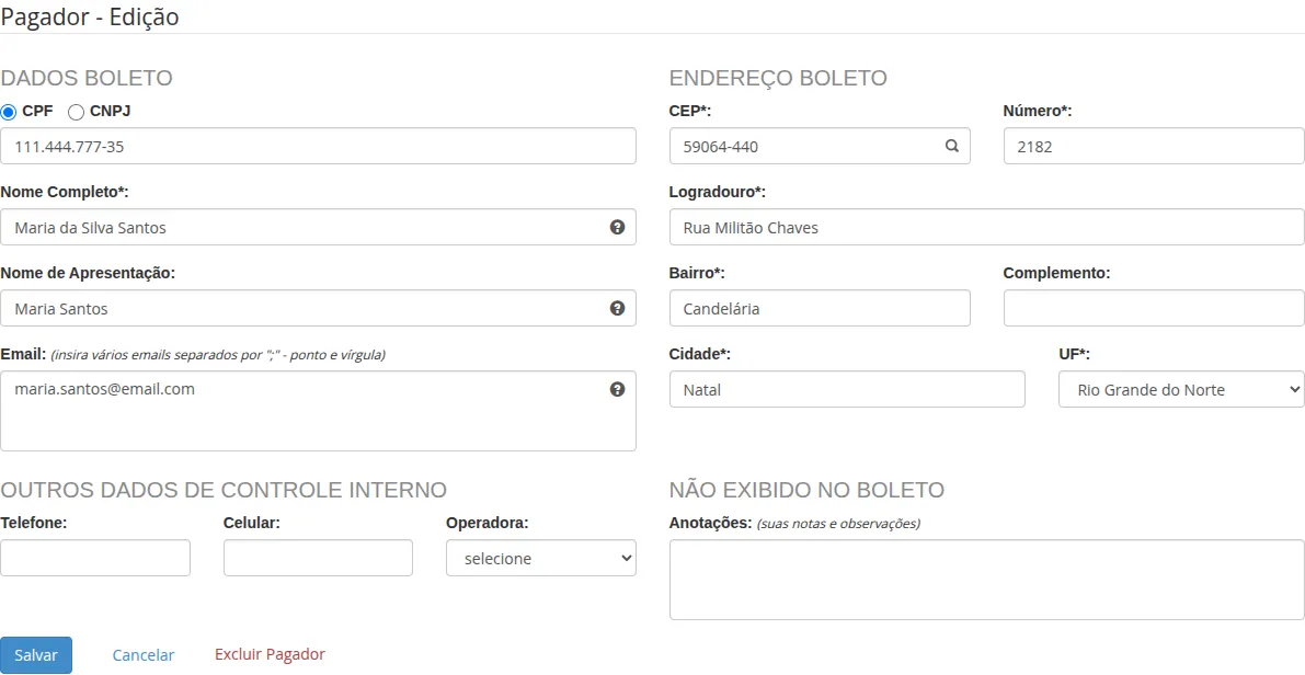 Formulário de edição do pagador com dados preenchidos