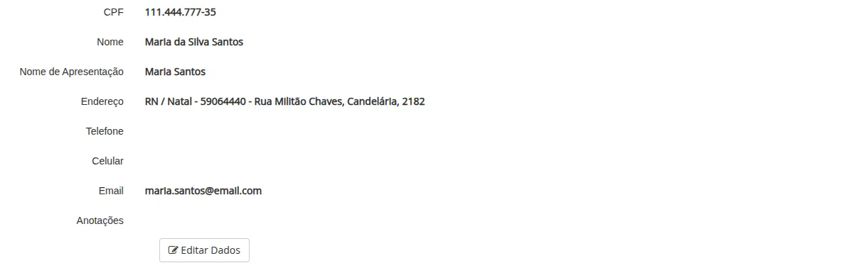 Tela de visualização com botão Editar Dados